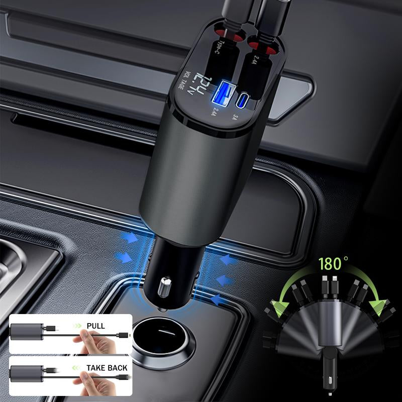 100W Retractable Car Charger – 4-In-1 Fast Charging for Iphone, Samsung, Google Pixel