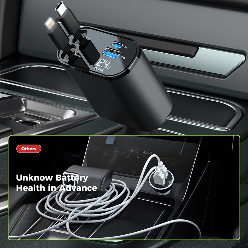 100W Retractable Car Charger – 4-In-1 Fast Charging for Iphone, Samsung, Google Pixel