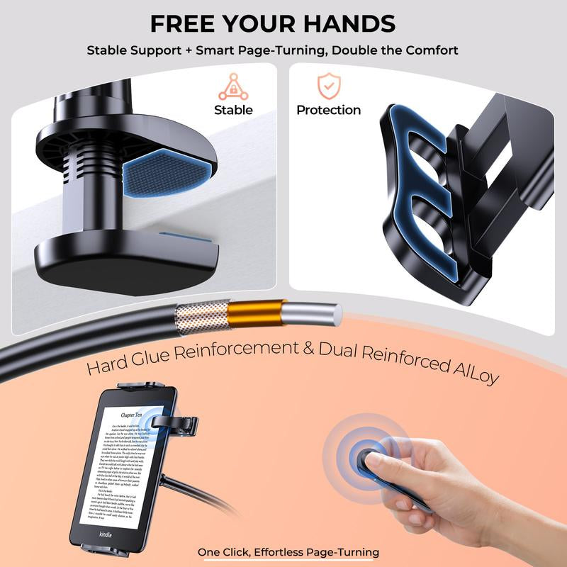 Tryone Wireless Page Turner, Gooseneck Tablet Holder, Hands-Free Stand for Kindle, Kindle Clicker Set, Rechargeable Page Turner for Smartphone Ipad Tablet E-Book Reading Device