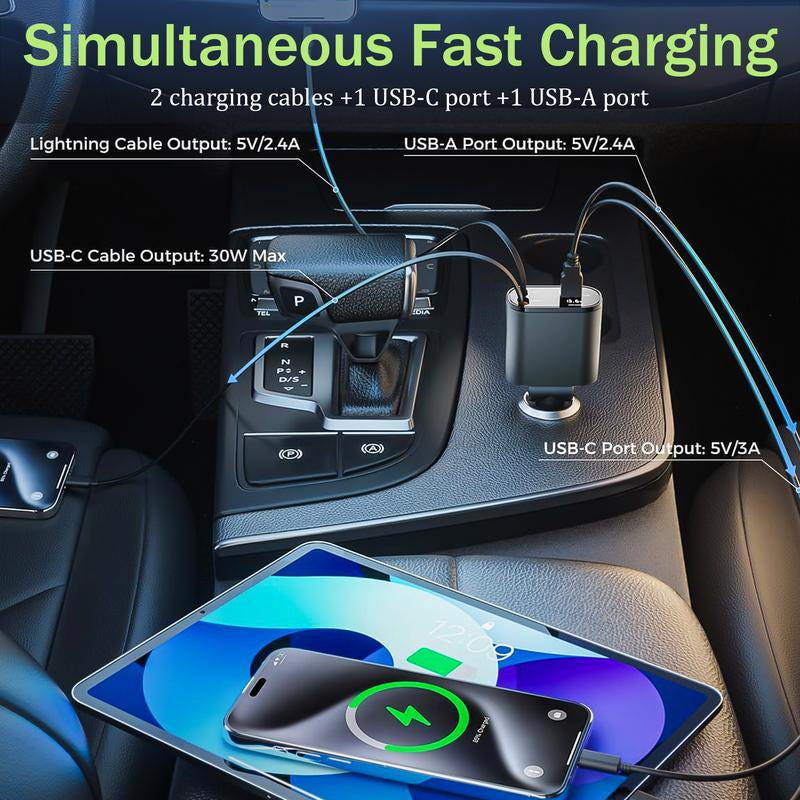 100W Retractable Car Charger – 4-In-1 Fast Charging for Iphone, Samsung, Google Pixel